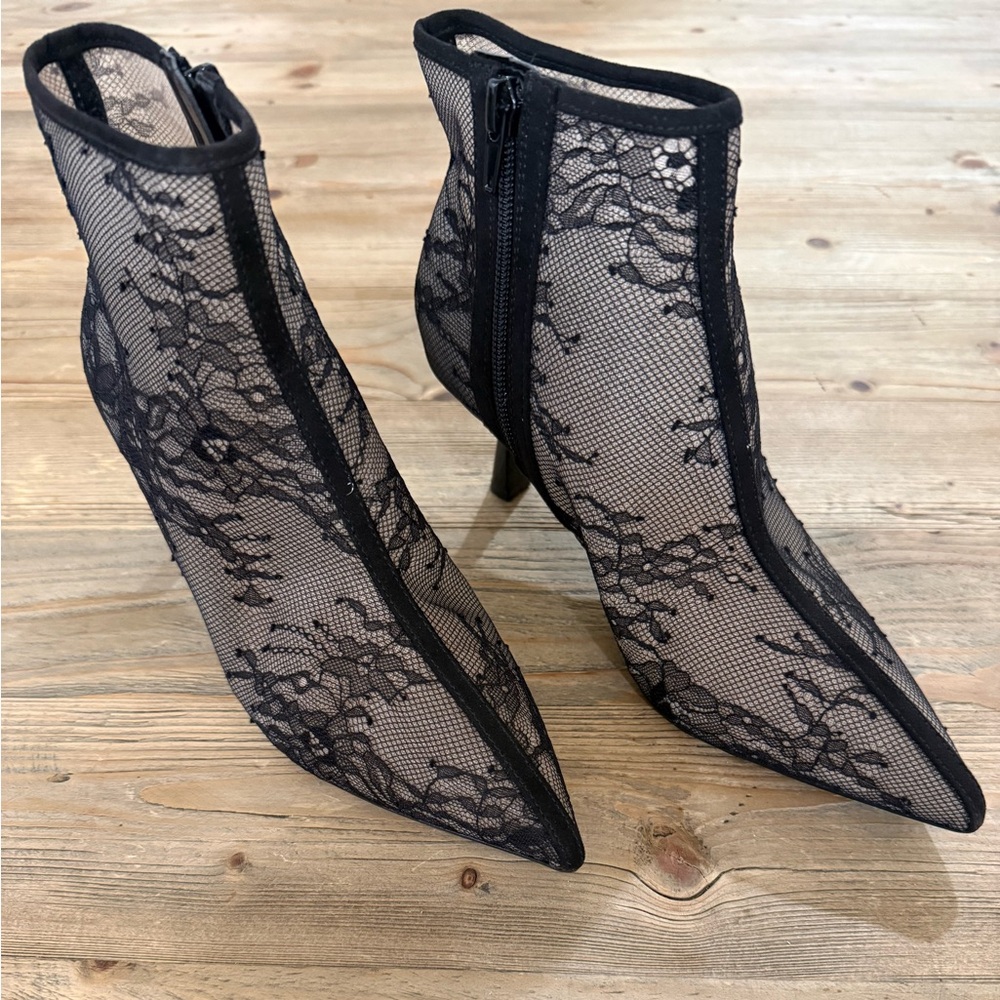INC International Concepts Raisief Black Lace Pointed Ankle Booties, 6M, New